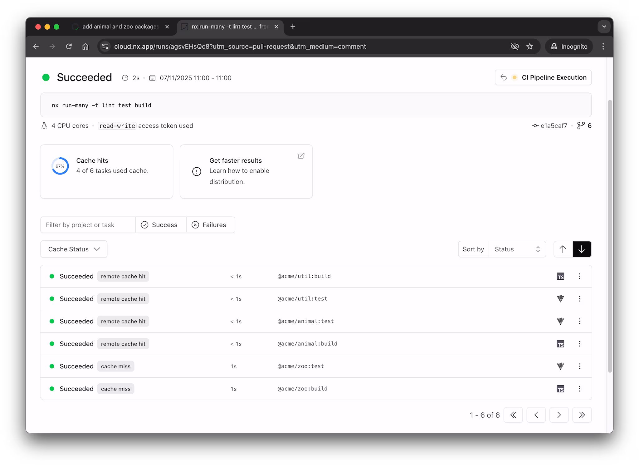 Nx Cloud run showing remote cache hits